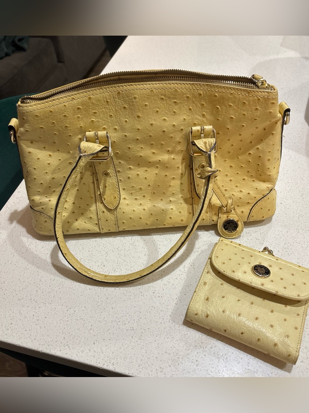 Dooney & Bourke Yellow Ostrich-Texture Satchel with Matching Wallet